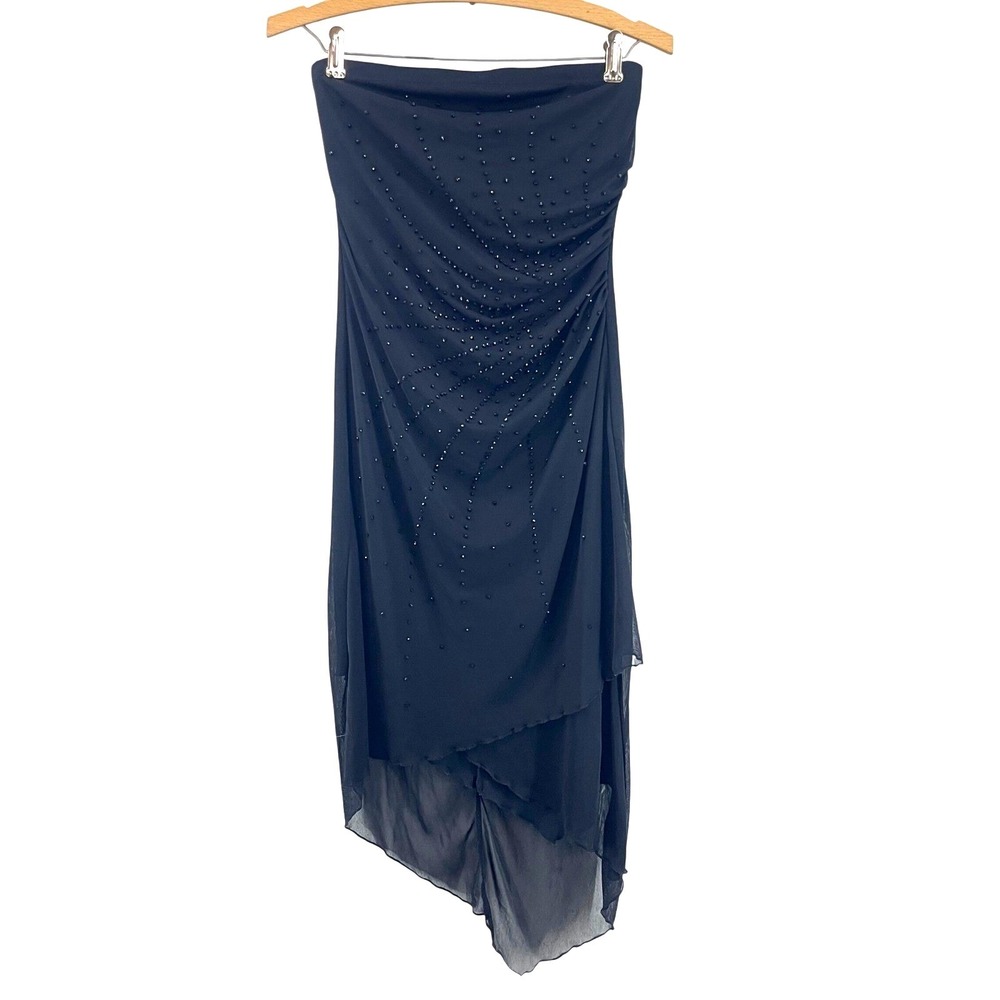 Y2K Strapless Homecoming Dress M Black Beaded Ruched Asymmetrical Chiffon Formal